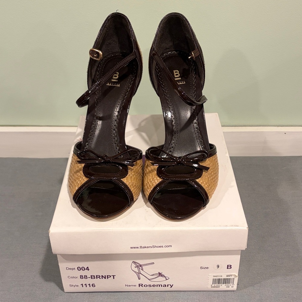 Bakers Two-Tone Woven Peep-Toe Heels in Brown and Tan 9 style 1116 (Rosemary)